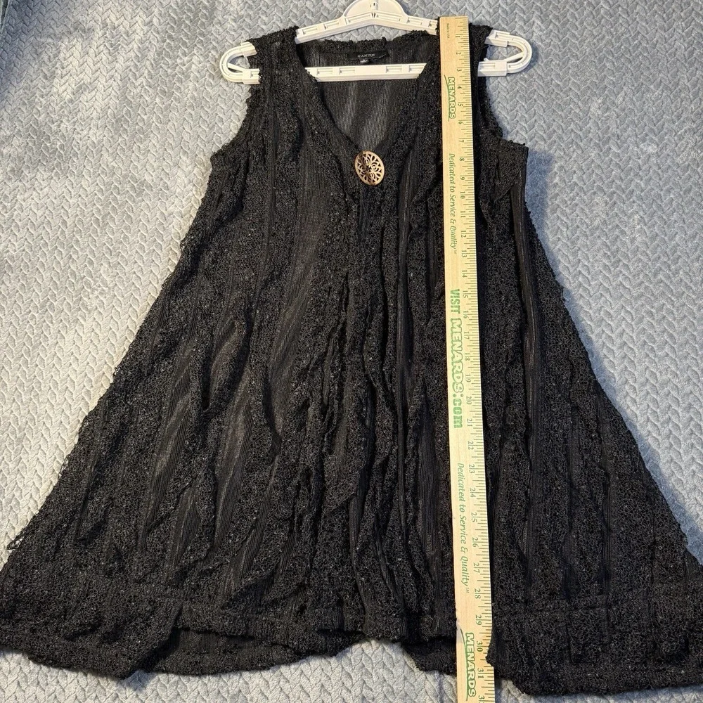 Kaktus Women's Vest Small Textured Sheer‎ Open Front Black Snap Button Lagenlook